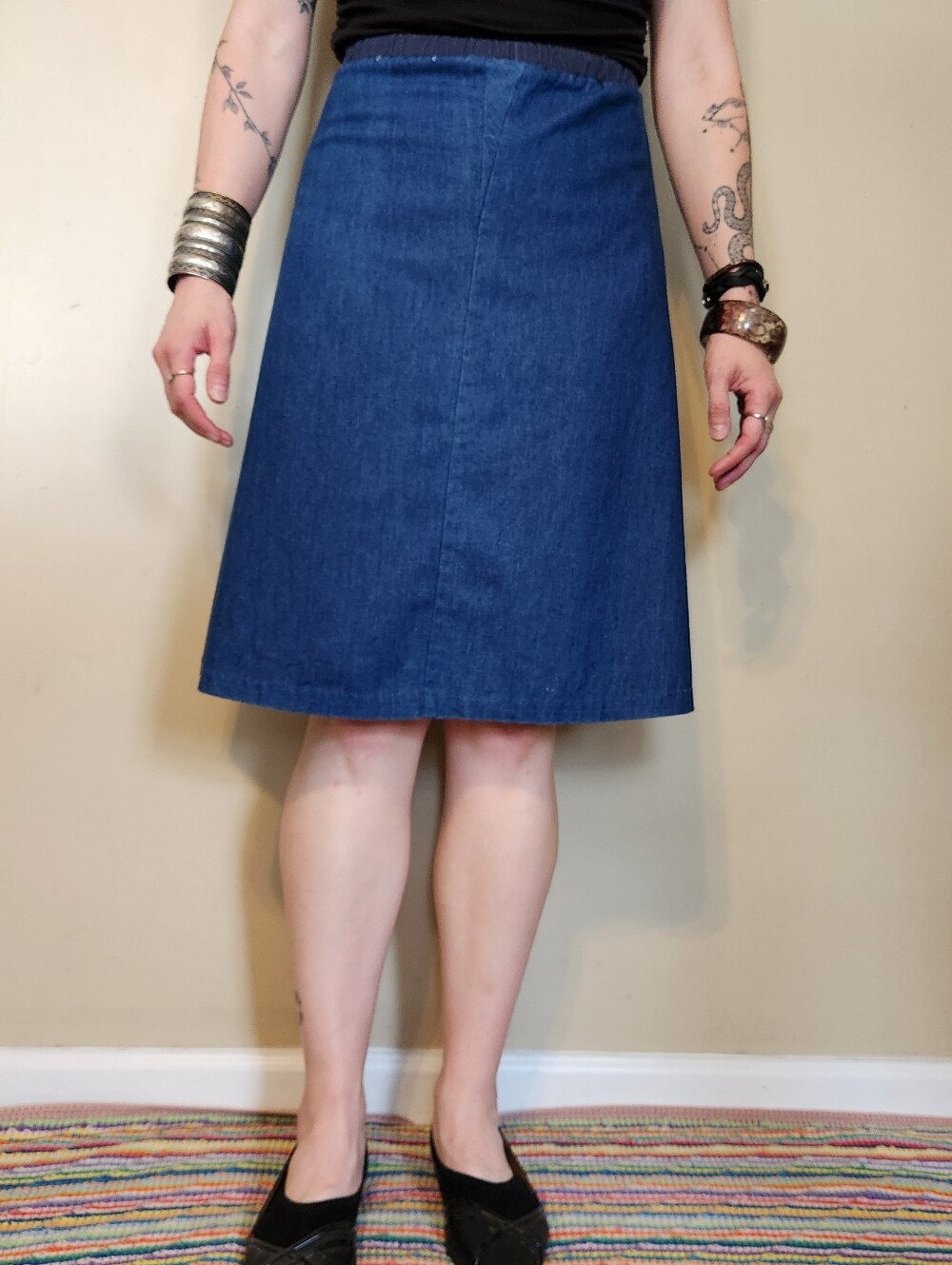 Vintage 1980s Handmade Denim A-Line Midi Skirt